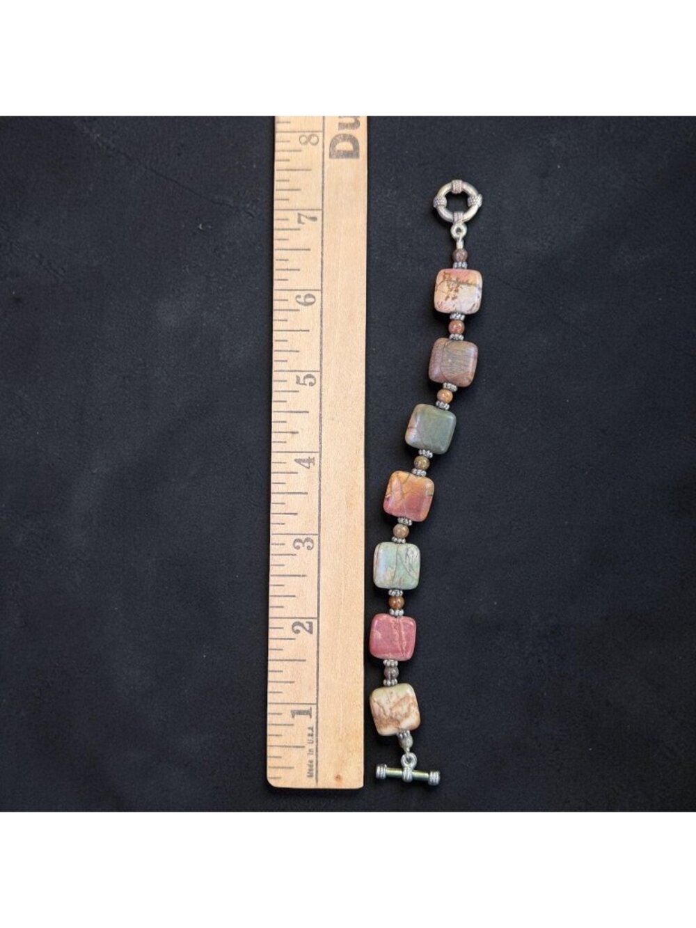 Vintage Jasper Stone Bracelet Earthy Square Beads W/ Toggle Clasp Handmade 7.5” - Picture 3 of 8